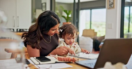 Poster - Remote work, baby and mother with tablet, internet and bonding together in living room. House, family and parent with kid on lap, pc and mama with multitasking, email and tech with happiness