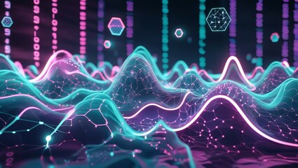 Leinwandbilder - A high-tech AI-inspired background with glowing neon waves representing an artificial intelligence neural network.