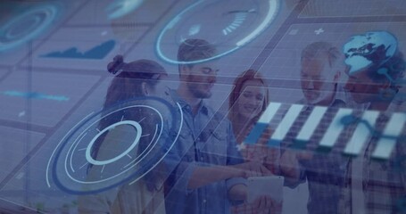 Aufkleber - collaborating in school, diverse group using animation with futuristic data graphics