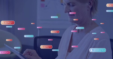 Poster - Using tablet, woman in office with floating colorful animation data tags
