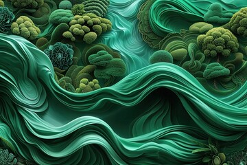 Poster - Emerald Water Flowing Through Lush Greenery with Intricate Details and Soft Waves