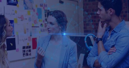Poster - Diverse team discussing in office with digital data overlay animation