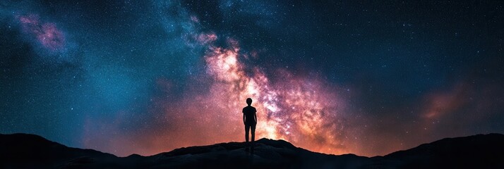 Poster - Stargazer marvels at the vibrant Milky Way and cosmic nebula under a vast night sky in serene wilderness