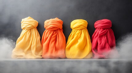 Colorful fabric bundles steam against a dark background