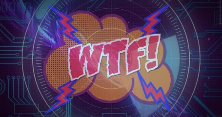 Poster - Animation of WTF! text with colorful lightning bolts and abstract background