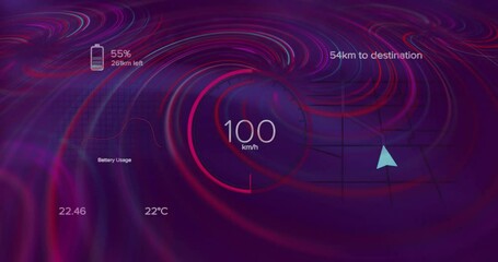 Poster - Dashboard animation displaying speed, battery usage, and distance in vibrant colors