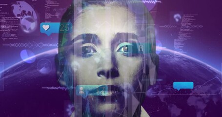 Poster - animation overlaying woman's face with digital interface and global network background