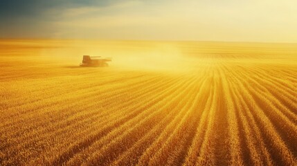 Aufkleber - Endless cornfield during harvest season with a combine harvester in golden sunlight