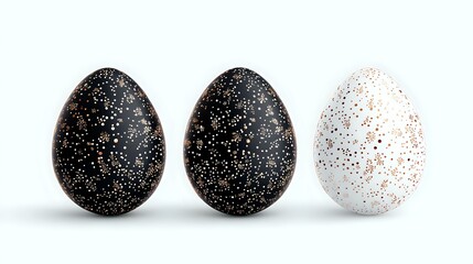 Poster - Decorative Easter eggs with speckled pattern in black and white colors with gold dots on white background, minimal holiday composition for spring celebration.