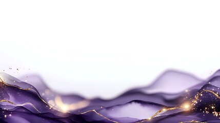 Poster - Luxurious purple and gold abstract mountain landscape with flowing liquid waves, golden glitter accents and dreamy ethereal atmosphere on white background.