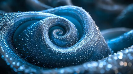 Poster - Mesmerizing blue spiral pattern with glowing particles and water droplets creating magical ethereal effect, abstract macro photography for backgrounds.