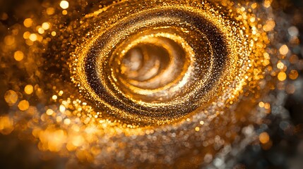 Poster - Swirling golden particles form luminous spiral pattern against dark background, creating magical cosmic effect with glowing bokeh lights and shimmering dust movement.