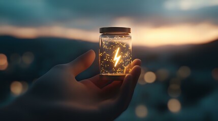 Poster - Magical glowing firefly in glass jar held against sunset sky with bokeh lights, creating dreamy atmospheric scene at dusk. Perfect for fantasy concepts.