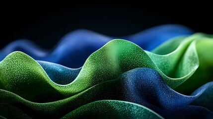 Poster - Abstract wavy surface with green and blue textured gradient pattern creating dynamic flowing curves and undulating shapes against dark background.
