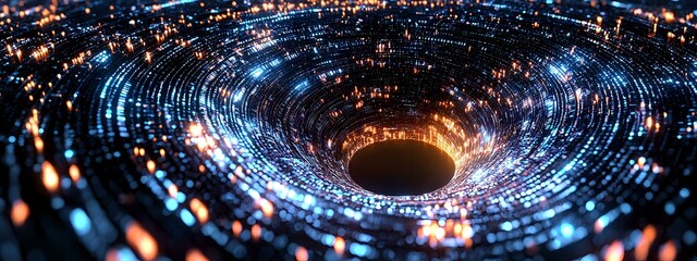 Poster - Futuristic digital vortex with glowing blue light trails and energy streams forming circular tunnel against dark background, panoramic view of abstract technology portal.