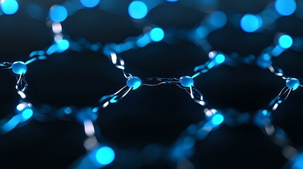 Aufkleber - Glowing blue molecular structure network on dark background with selective focus and bokeh effect creates futuristic scientific visualization.