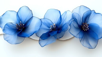 Poster - Delicate blue translucent flowers arranged in row on white background, with subtle shadows and fine details showing petal transparency and dark stamens.
