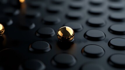 Poster - Metallic gold sphere standing out among black circular shapes, creating contrast and depth with dramatic lighting and reflective surfaces. Modern minimal design.