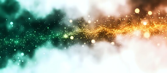 Poster - Magical abstract background with glowing green and golden particles floating in misty space, creating ethereal bokeh effect and dreamy atmosphere.