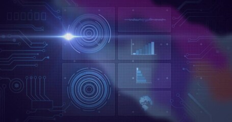 Poster - Graphs and circular patterns over digital interface with futuristic animation background