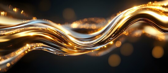 Poster - Luxurious golden wave with glowing particles flows on dark background creating elegant dynamic motion effect. Abstract design for luxury branding.