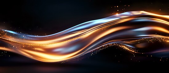 Poster - Luminous flowing waves of gold and blue light create dynamic motion effect against dark background with glowing particles and energy streams.