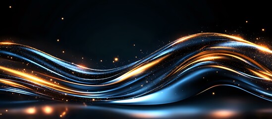 Poster - Luminous flowing waves of blue and gold light create dynamic motion effect against dark background with glowing particles and reflective surface.
