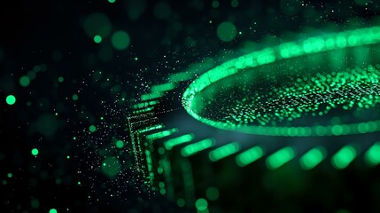Poster - Glowing green circuit board macro with bokeh light effects and digital particles creating futuristic technology atmosphere for tech backgrounds.