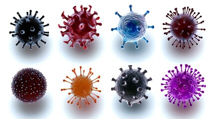 Poster - Colorful virus cell models showing detailed molecular structure with spikes and protein elements on white background, medical science illustration.