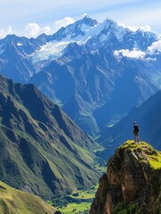 Leinwandbilder - Majestic mountain range with snow-capped peaks and lush valley, a hiker admires the breathtaking view from a rocky vantage point