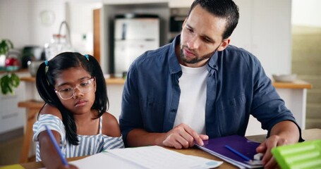 Poster - Homework, girl and dad with kid for learning, support and care for studying, education and growth. Father, single parent and female child writing in book for knowledge, math and skills development