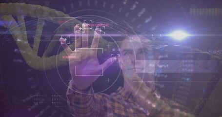 Poster - Interacting with futuristic touchscreen, man analyzing data with animation effects