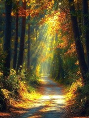 Aufkleber - Serene forest path inviting exploration under sunlight filtering through tall trees