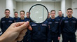 © ameena - hand holding a magnifying glass brings attention to a group of people in blue uniforms, set in a well-lit and spacious room.symbol, goggles, text