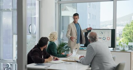 Poster - Man, presentation and monitor with graphs in boardroom for feedback, accounting or financial planning. Person, leader or speaker with group, charts and stats for profit, revenue and review at office
