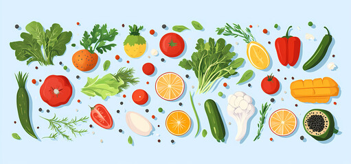  Vibrant Fresh Produce: An overhead arrangement of colorful, fresh vegetables and fruits.
