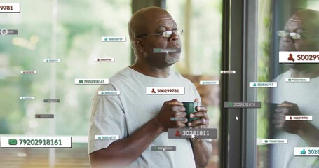 Poster - Holding cup, man surrounded by floating numbers and icons in animation