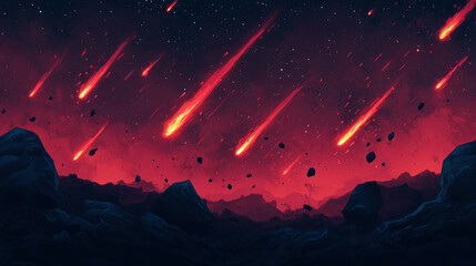 Wall Mural - A vivid scene of meteors streaking across a dark sky, set against a fiery red backdrop and rocky terrain, creating a dramatic celestial atmosphere.