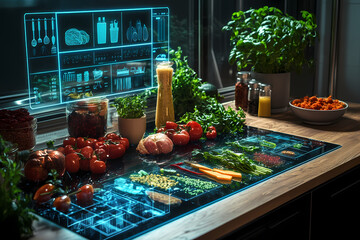Kitchen's Futuristic Feast: A futuristic kitchen setup with digital interfaces and a vibrant array of fresh produce, showcasing the convergence of technology and culinary artistry.
