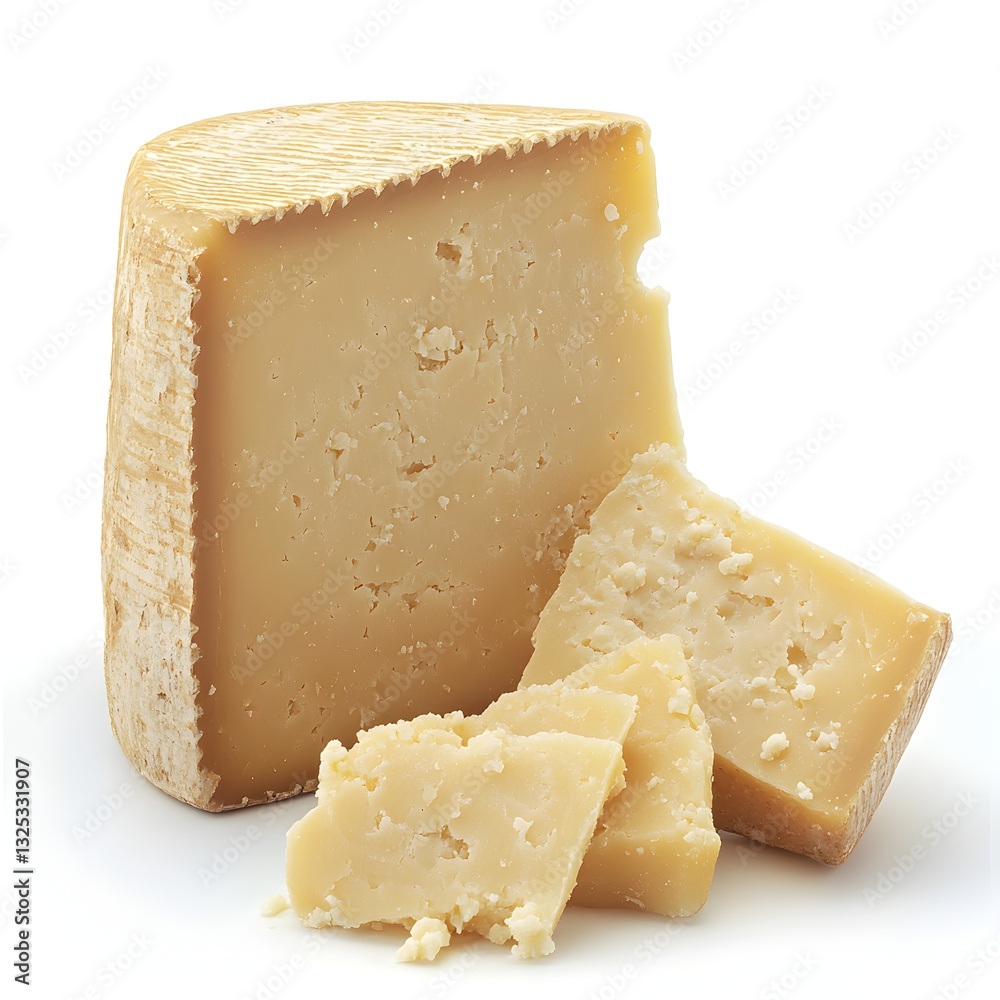 Two pieces of pecorino romano cheese isolated on white background ...