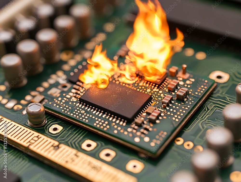 Pcb Explode Burning flame of fire erupts on electronic circuit board element Stock ...