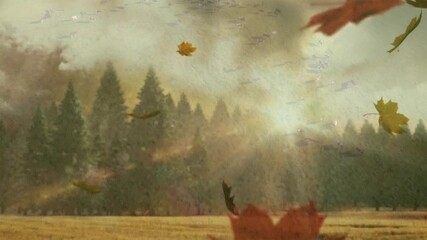 Poster - Autumn leaves falling in forest with soft sunlight creating animation effect