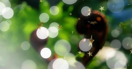 Poster - Golden stars and bokeh lights on blurred green background creating animation effect