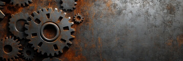Poster - Industrial backdrop featuring large gears in gray and rust tones with metallic gradient for text display