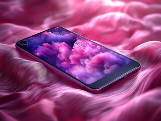 Poster - A modern mobile phone rests on a bed of pink fabric