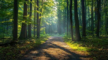 Aufkleber - Forest path leads into the serene depths of nature with sunlight filtering through towering trees and dappled shadows on the ground