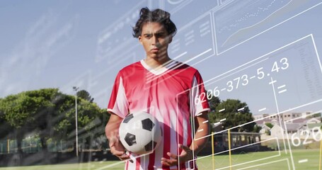 Poster - Holding soccer ball, athlete on field with animation of digital data overlay