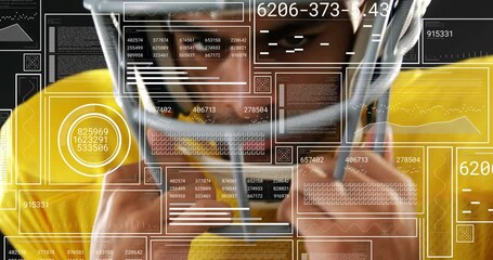 Poster - American football player adjusting helmet with data processing animation overlay