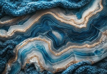 Poster - Abstract close-up view of blue agate stone with intricate patterns and swirls, featuring natural textures and beautiful golden accents in the background