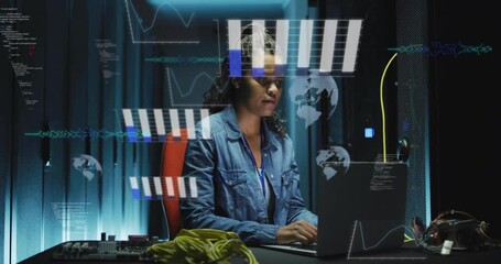 Poster - Working on laptop, woman analyzing digital data and animation in school environment